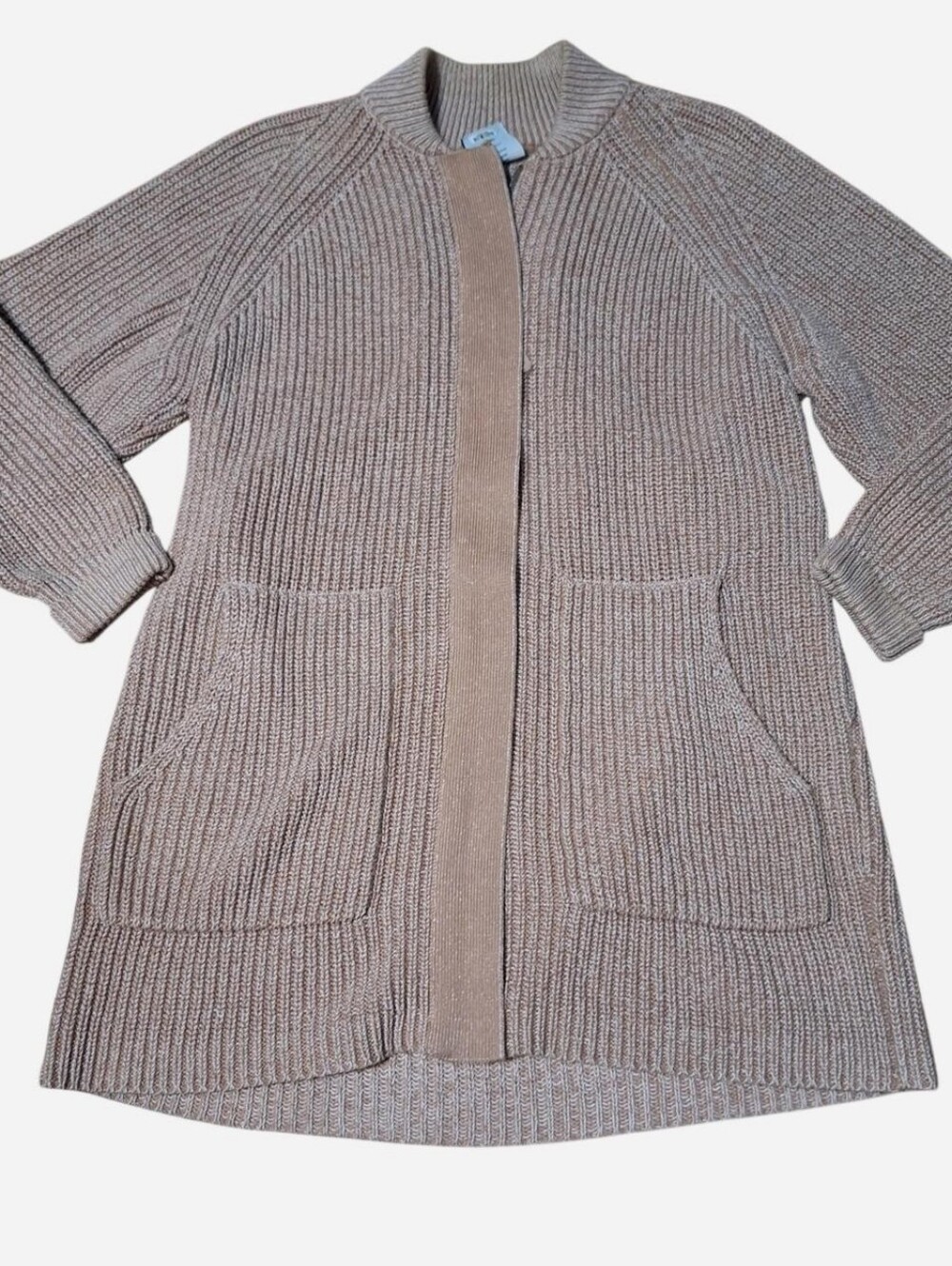Varley Maybelle Knit Sweater Jacket Womens XS Full Zip Oversized Tan Cozy Cotton